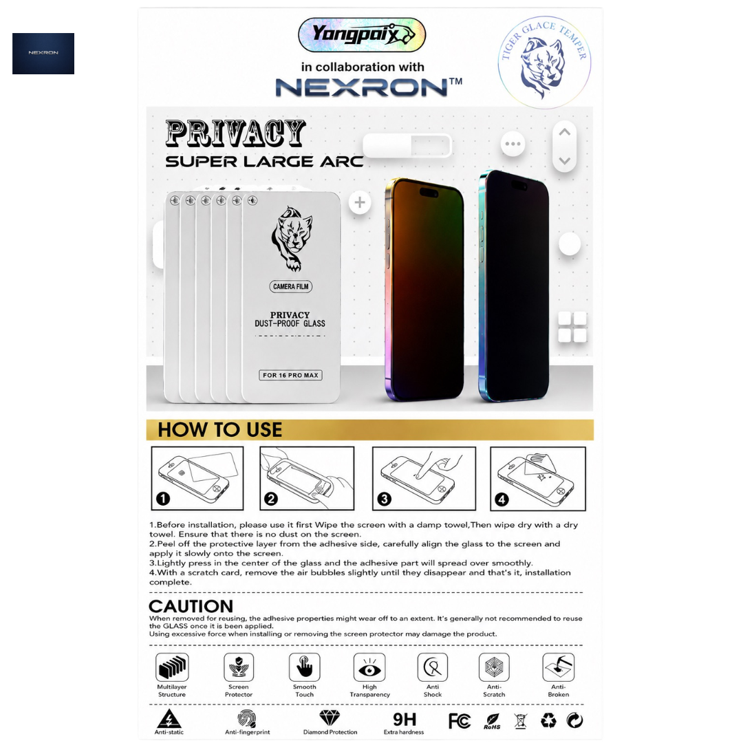 NEXRON Extra Hardness Privacy Super Large Arc Tempered Glass Protector